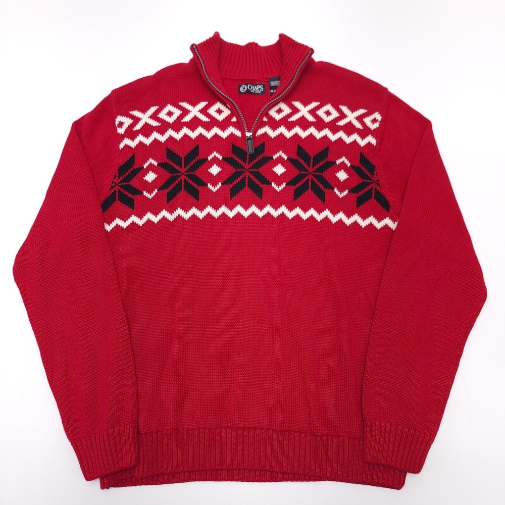 Chaps Mens Red Fair Isle Quarter Zip Snowflake Cotton Knit Sweater XL Nordic